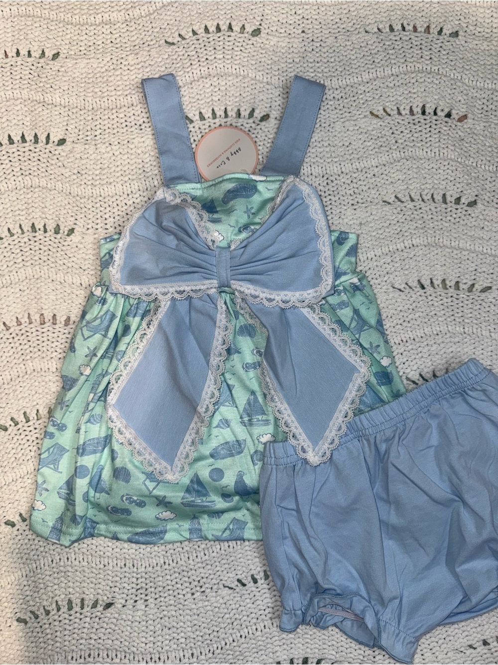 NWT Abby & Evie Girls Light Blue Sailor Bow Dress & Bloomers Set